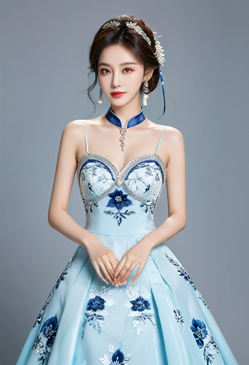 Realistic photo style, whole body 사진에 아름다운 아시아 소녀가 등장합니다., Wearing a unique ethnic style evening gown with delicate skin., bright and lively eyes, Thick eyelashes that look especially attractive. Long dresses are slim and elegant., Eye-catching silver jewelry and alcohol. The high-collar design adds an elegant atmosphere., Color of blue and white porcelain. using light and shadow, The vivid and harmonious appearance of the protagonist is highlighted... whole body, (masterpiece, best quality, professional, perfect composition, very aesthetic, absurd, very detailed, intricate details:1.3)