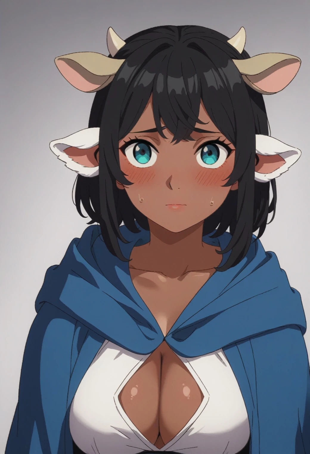 source_anime, score_9, score_8_up, score_7_up, rating_excplicit, 1girl, solo, dark skin, looking at viewer, dark-skinned female, male focus,large breasts, bangs, cloak, hood, upper body, robe, blush, hood cow, cow ears, cow girl, shy, large bust, medium hair