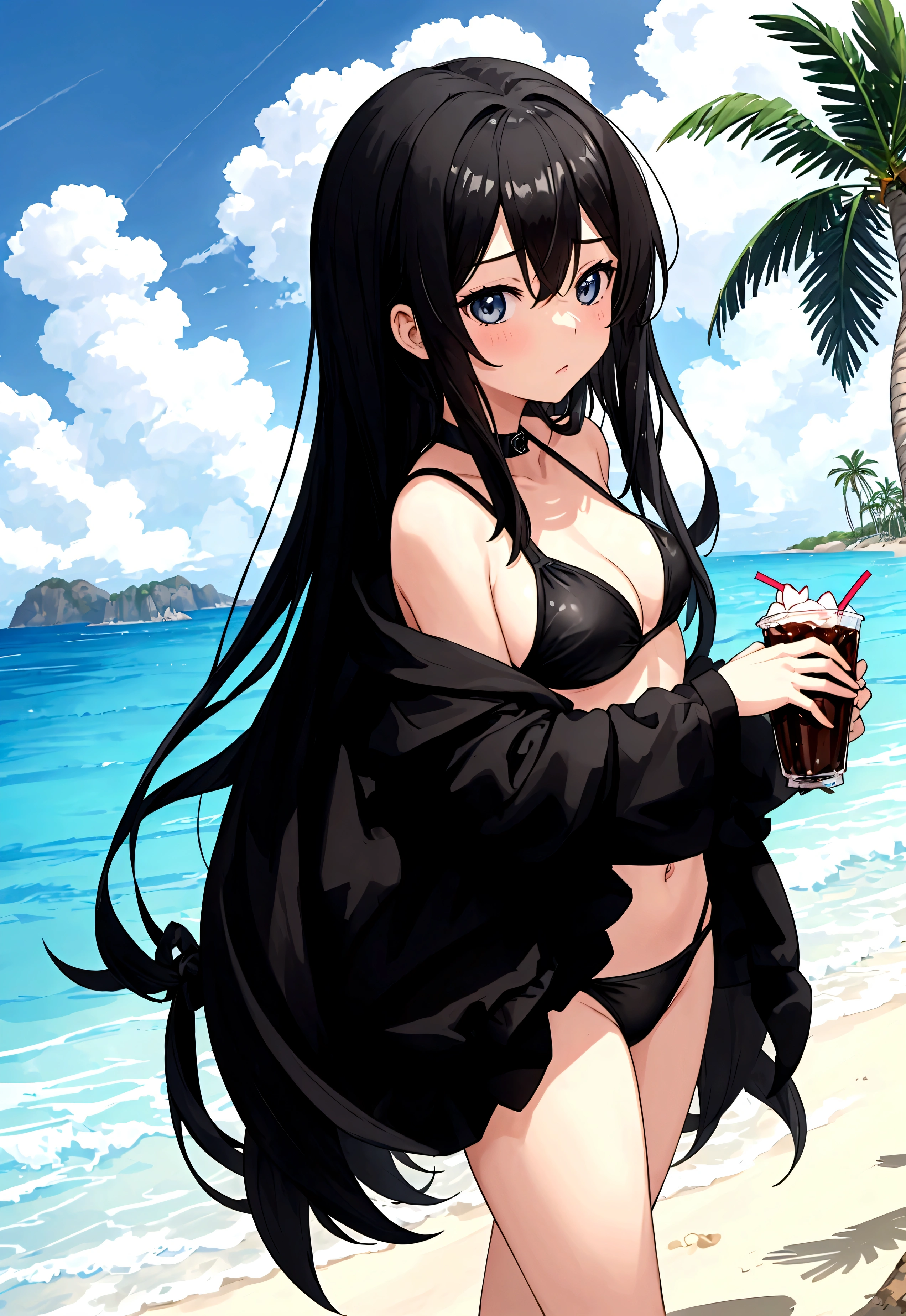 Girl in black swimsuit，躺在Beach椅上，at the seaside，，Black long hair girl，Beach，Coconut Tree，whole body，Drink ice，Vision，K