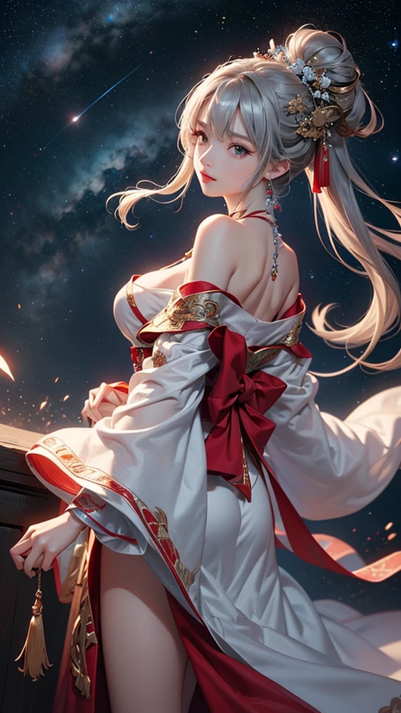 (masterpiece:1.5, Highest quality, Very detailed、 Dutch Angle、Semi-realistic、Fantasy)(One Girl, alone)(Silver Hair:1.6,,Straight Long Hair)(Wearing Han clothes, Royalty、White and red Hanfu:1.5,Thick fabric,Long sleeve)、((Off the shoulder、medium breasts, Beautiful cleavage、ruby ​​necklace))(from backside),(Beautiful starry sky、Mystical Night、Particles of light float around the woman、Fantastic space)
