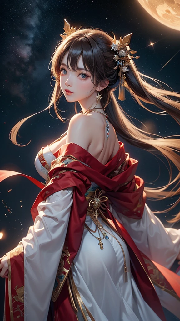 (masterpiece:1.5, Highest quality, Very detailed、 Dutch Angle、Semi-realistic、Fantasy)(One Girl, alone)(Silver Hair:1.6,,Straight Long Hair)(Wearing Han clothes, Royalty、White and red Hanfu:1.5,Thick fabric,Long sleeve)、((Off the shoulder、medium breasts, Beautiful cleavage、ruby ​​necklace))(from backside),(Beautiful starry sky、Mystical Night、Particles of light float around the woman、Fantastic space)
