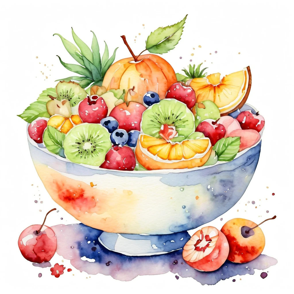 a painting of a beautiful ceramics bowl of delicious fruit salad , ((watercolor)), cartoon style, solid white background, center composition, negative space around the object, washed out natural color, detailed masterpiece, loose drawing, clipart, natural color, cinematic