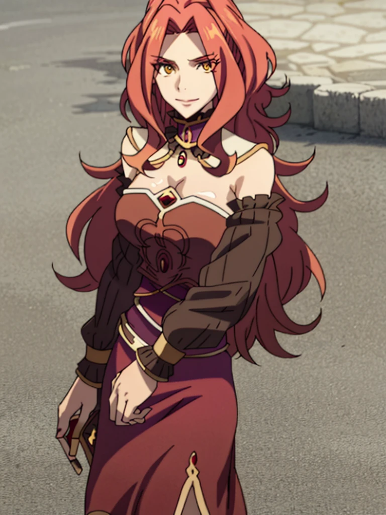 Large breasts, red eyeshadow, Shirt, Yellow eyes, red hair, Smile, Long hair, 1other, Hair between the eyes, looking to viewer, bangs, solo, fur-trim, closed mouth, androgynous, at street, colored eyelashes, Shiny hair, ((Masterpiece))