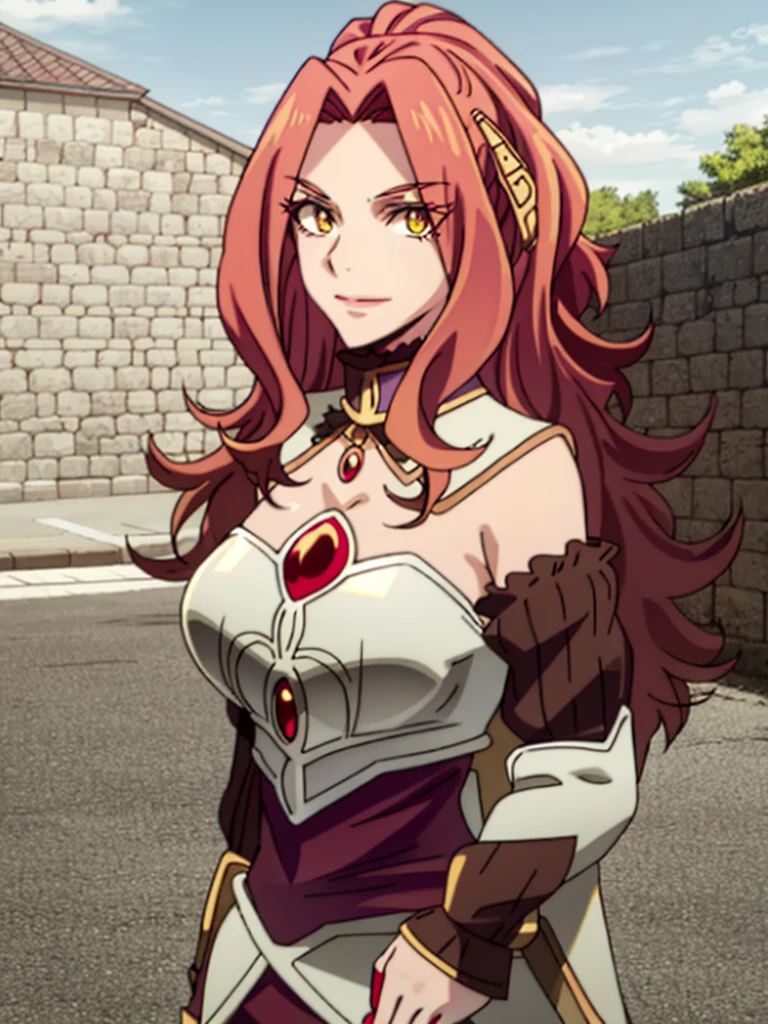 Large breasts, red eyeshadow, Shirt, Yellow eyes, red hair, Smile, Long hair, 1other, Hair between the eyes, looking to viewer, bangs, solo, fur-trim, closed mouth, androgynous, at street, colored eyelashes, Shiny hair, ((Masterpiece))