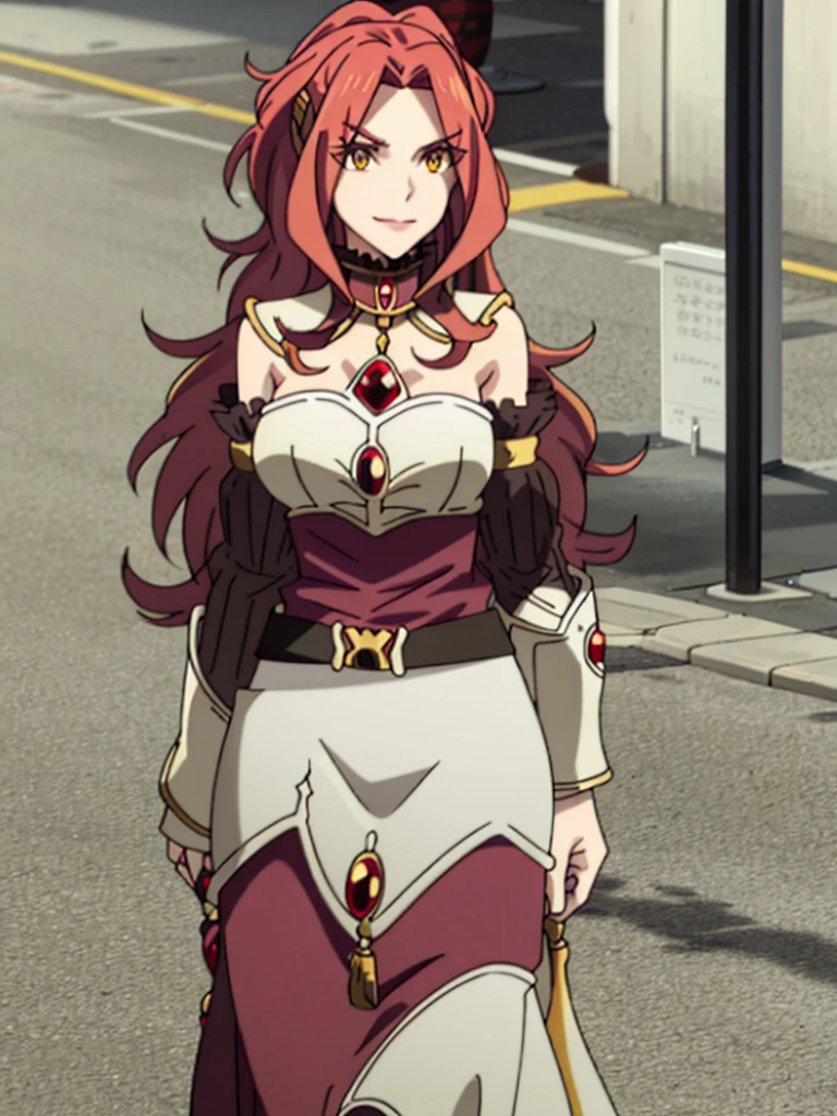 Large breasts, red eyeshadow, Shirt, Yellow eyes, red hair, Smile, Long hair, 1other, Hair between the eyes, looking to viewer, bangs, solo, fur-trim, closed mouth, androgynous, at street, colored eyelashes, Shiny hair, ((Masterpiece))