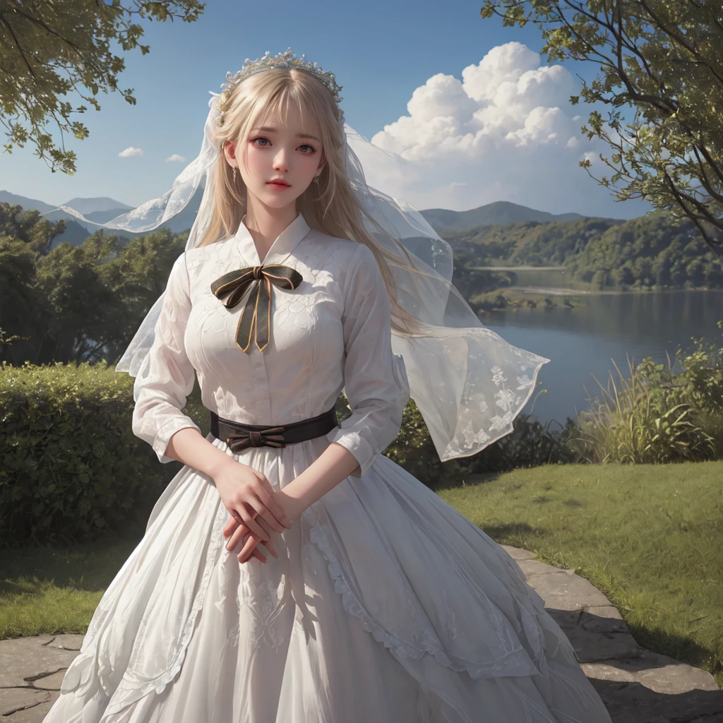 (best quality), masterpiece, Extremely detailed CG8K painting, high color, Extremely high color saturation, All colors are deepened, central composition, Extremely detailed light and shadow, The face and eyes are very detailed, medium length hair, sportswear, colorful clouds，beautiful nature，landscape，Wear a wedding dress，wedding clothes，1 girl