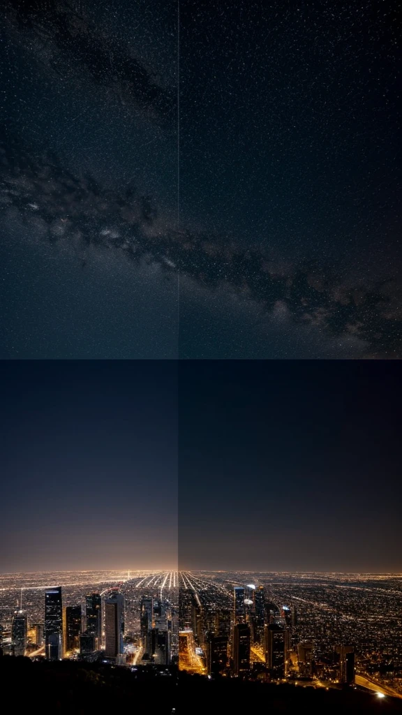 2 cities separated by the night sky, one at the left side, one at right side, extended