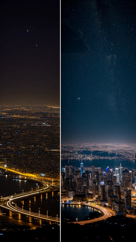 2 cities separated by the night sky, one at the left side, one at right side, extended