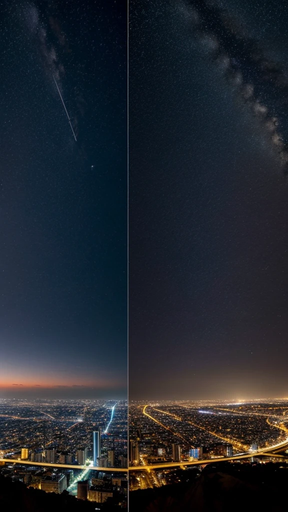 2 cities separated by the night sky, one at the left side, one at right side, extended