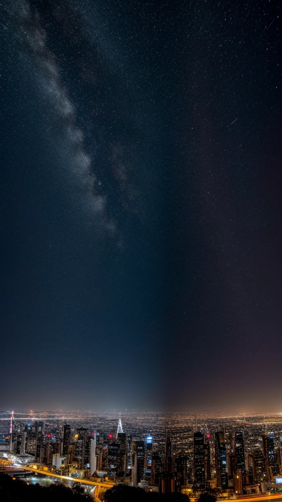 2 cities separated by the night sky, one at the left side, one at right side, extended