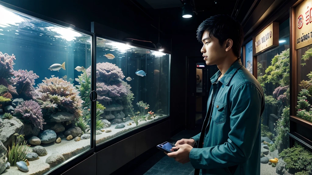 hình ảnh thiên nhiên chân thực và sống động. ngôi nhà gỗ bên cạnh dòng suối.(3D:0.5,realistic:0.5,photorealistic:0.5),(absurdres,Super-resolution,masterpiece,best quality,finely detailed,absurdres:1.2), dramatic light, dramatic illumination, cinematic, anime scenery, makoto shinkai, ghibli, aquarium, aqua world, fish, whale, 1male, asian male, handsome boy, attractive boy, holding phone, blue jacket, black short hair, lanyard, fantasy world