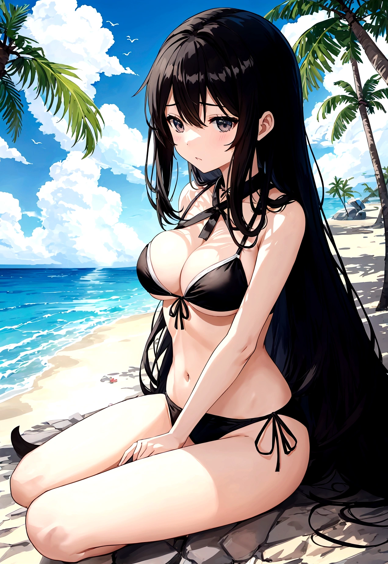 穿黑色Bikini的少女，at the seaside，Sitting，Bikini，Large Breasts，Black long hair girl，National Trend，Beach，Coconut Tree，whole body，Vision