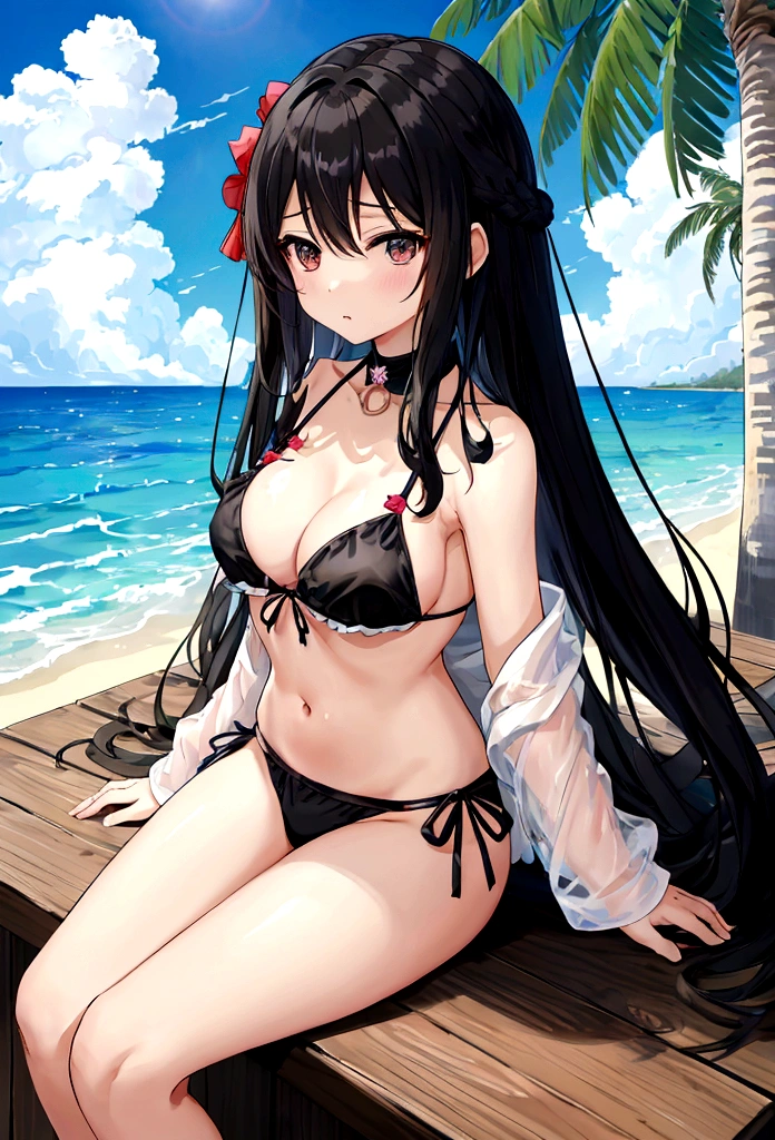 穿黑色Bikini的少女,at the seaside,Sitting,Bikini,Large Breasts,Black long hair girl,National Trend,Beach,Coconut Tree,whole body,Vision