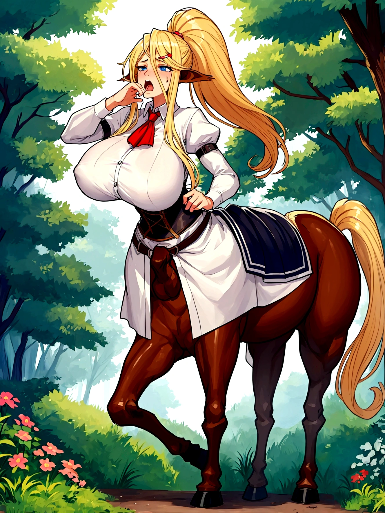 Anime centaur.1 girl. Cutie. Centaur girl. Half-human. Monster girl. Centaur. The girl is a horse. Blonde. Long hair. Hair ornament. Her hair is pulled back into a high ponytail. Blue eyes. Beautiful eyes. Perfect eyes. Expressive eyes. Ideal face. Face about to sneeze
Sneezing face. Beautiful nose. Snotty nose. After sneezing, long snot hangs from the nose. 16 years. Big breasts. Beautiful breasts. Girl knight. Centaur knight. She is ill. She got sick. She has allergies. She has a runny nose. Nasal mucus. She has snot. She wants to sneeze. She needs to sneeze. She has a strong, desperate urge to sneeze. She sneezes. She sneezes. Splashes of snot fly to the sides. Snot flows from the nose. She's on her period. Her crotch is bleeding. She has urinary incontinence. She wants to pee. She needs to pee.
She has a strong, desperate urge to pee. Hand on the aroma. Creaco squeezes his crotch. Trettperineum. She described. Urine pours onto the ground. In the middle of the forest. Ideal anatomical body. The lower part of the body is equine. Horse slender legs. Hooves instead of legs. White linen blouse. Light plate armor - corset. Skirt. No panties. Standing. Full height. Beautiful character design. Shiny skin. Whole body. NFS. Official art. Extremely detailed CG Unity 8k wallpaper. Ideal lighting. Ultra high resolution 4K. Super detailed 8K. A high resolution.