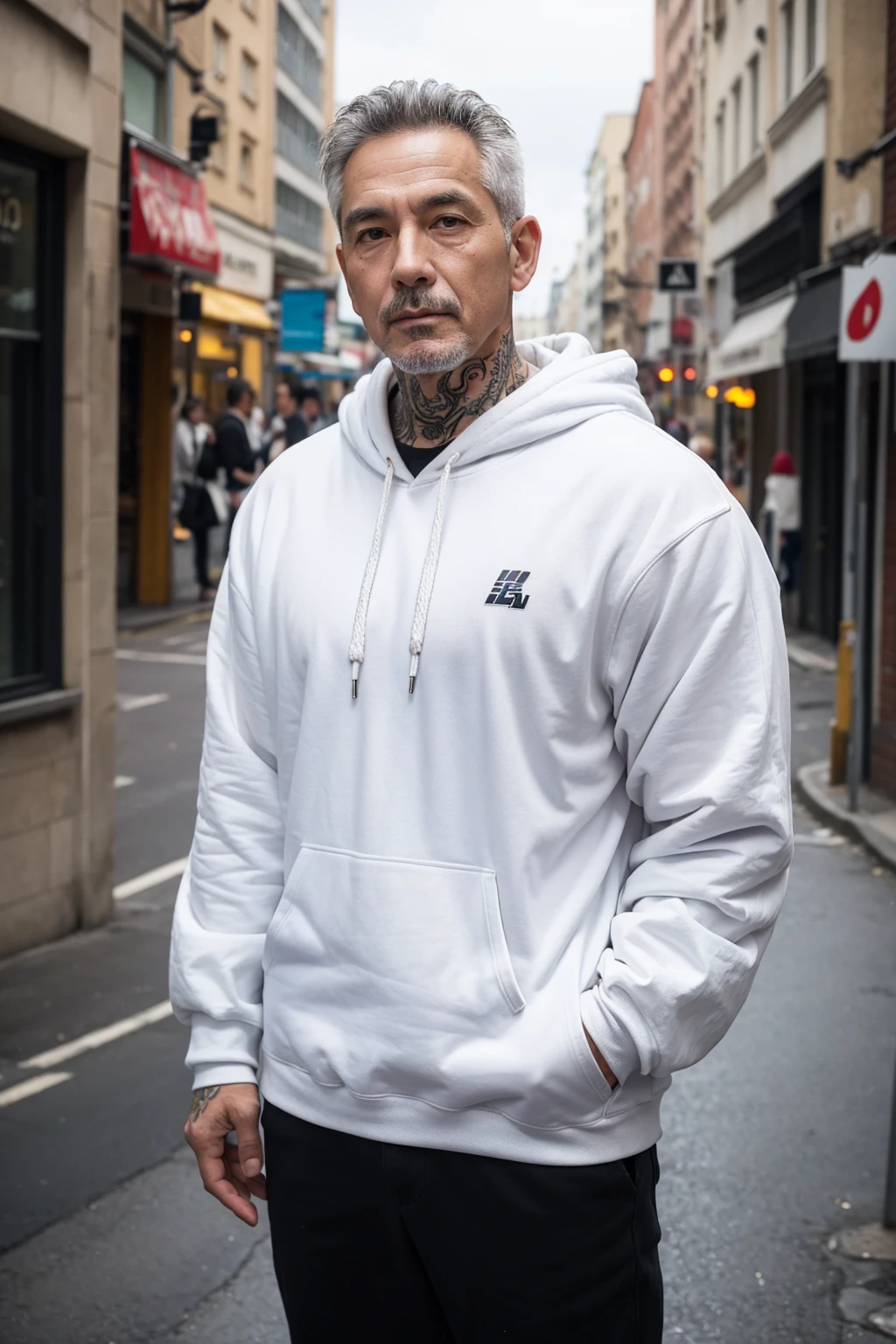 Help me create some thick white hoodie models with male models over 45 years old with muscular tattoos and street style. frontal position