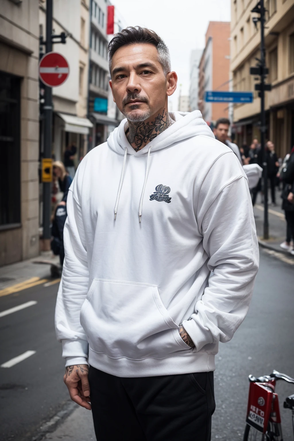 Help me create some thick white hoodie models with male models over 45 years old with muscular tattoos and street style. frontal position