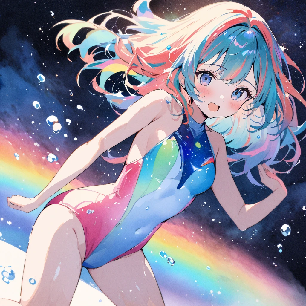 Top quality, masterpiece, watercolor style, swimming girl, rainbow colored hair, space style swimsuit, beautiful water splashes, outer space, beautiful galaxy, water drops,バタフライ