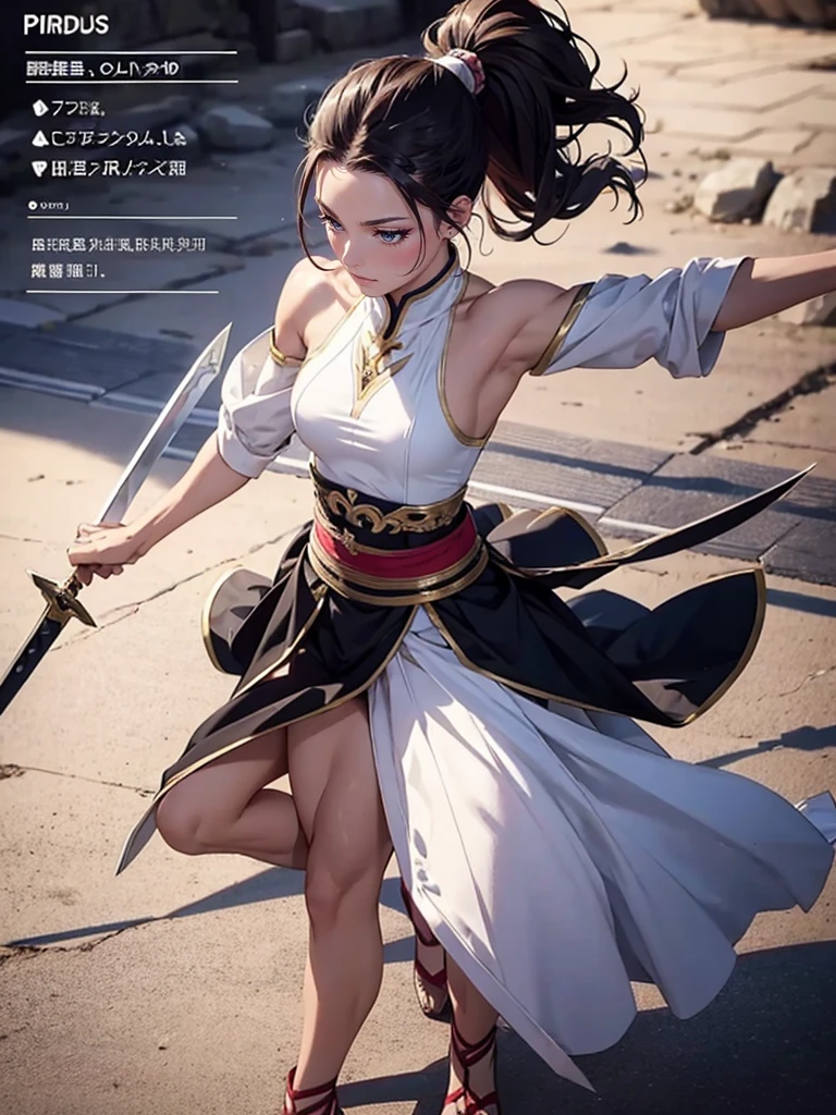 Muscular female, full body, ponytail, makeup , best quality, blade dancer, sect princess, cultivator, floating swords, full body, character sheet, elegent clothing, flowing clothing, martial artist, skirt