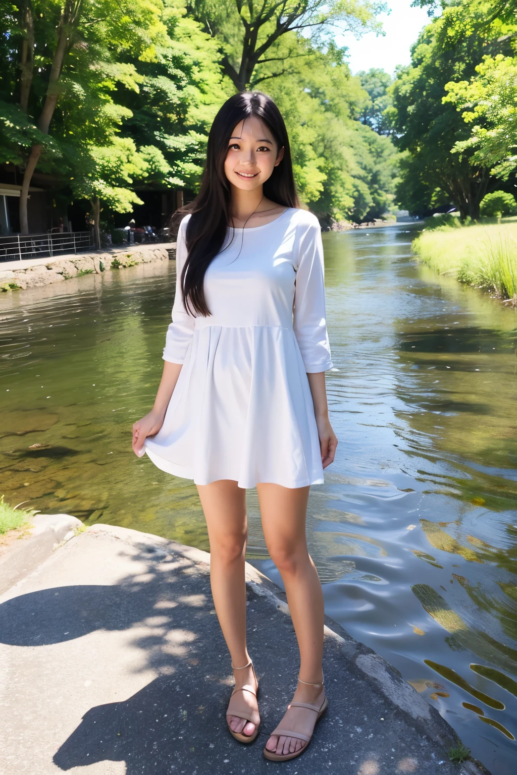 Young Japanese woman standing near an empty river、Cute face、Long black hair、Summer clothemiling、Full body portrait