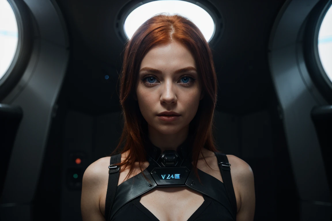 photo of a redhead woman, in the space, futuristic space bra, (parts:0.8) Beautiful face, Science fiction, dystopian, detailed eyes, Blue eyes