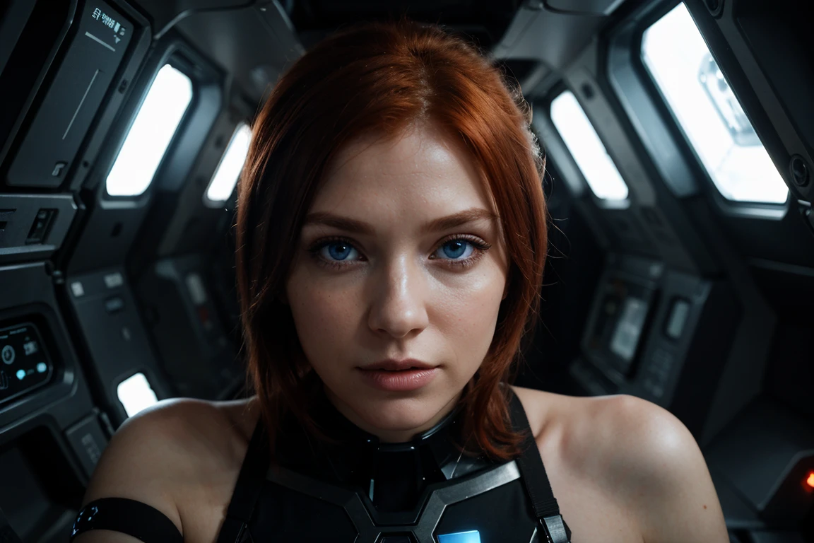 photo of a redhead woman, in the space, futuristic space bra, (parts:0.8) Beautiful face, Science fiction, dystopian, detailed eyes, Blue eyes