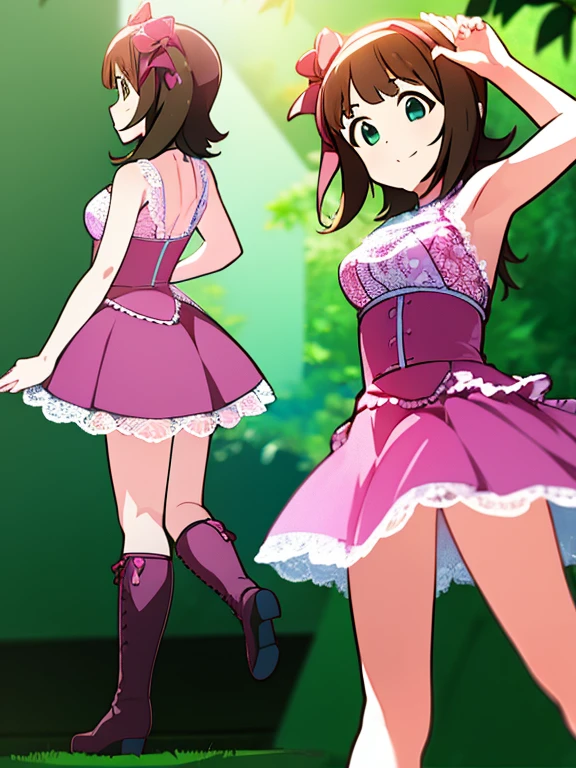 ((1 Girl))Happy,Outdoor.garden、From a low angle、from the front((Multiple Views))Best image quality,High brightness,Lace panties,mini skirt,Official Anime,idolmaster.Amami Haruka.Idol Costume、Knee-high boots