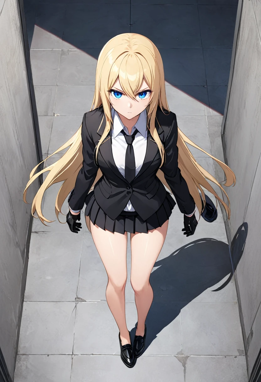 Black miniskirt , black shoes , white dress shirt , View from above , assassin , black shorts blazer , black long tie , whole body , bare legs , thighs , whole body , pleated skirt , Black gloves , standing posture , blonde hair , blue eyes , straight hair