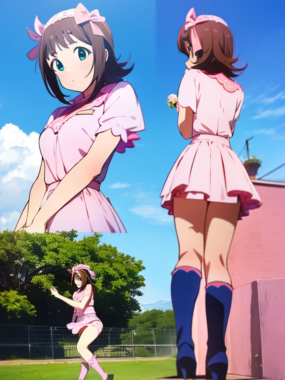 ((1 Girl))Happy,Outdoor.garden、From a low angle、from the front((Multiple Views))Best image quality,High brightness,Lace panties,mini skirt,Official Anime,idolmaster.Amami Haruka.Idol Costume、Knee-high boots