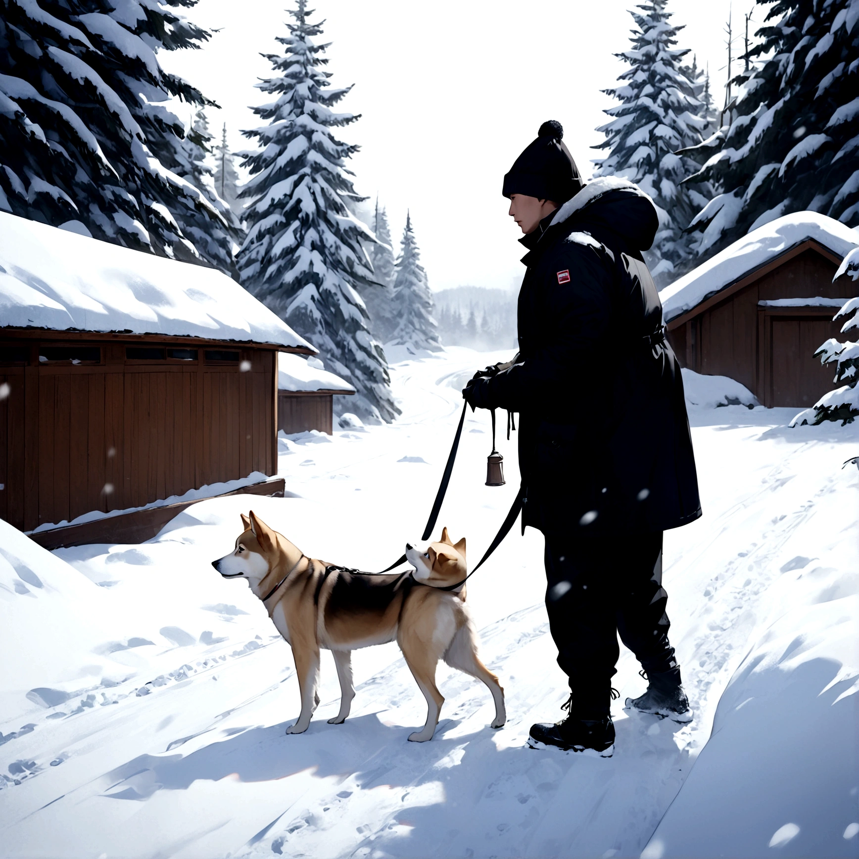 8K photos , siberian dog ,black , snow place ,1 man ,The dog serves as a deliverer.