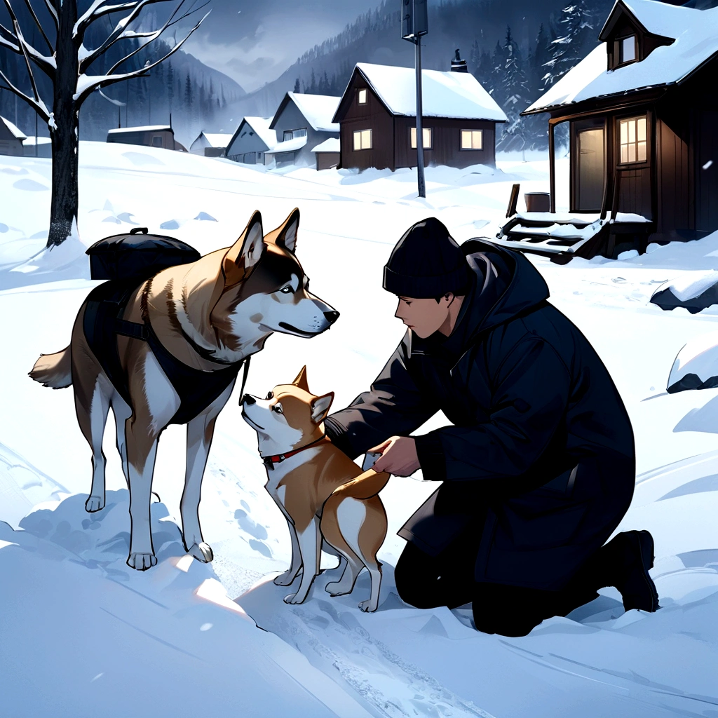 8K photos , siberian dog ,black , snow place ,1 man ,The dog serves as a deliverer.