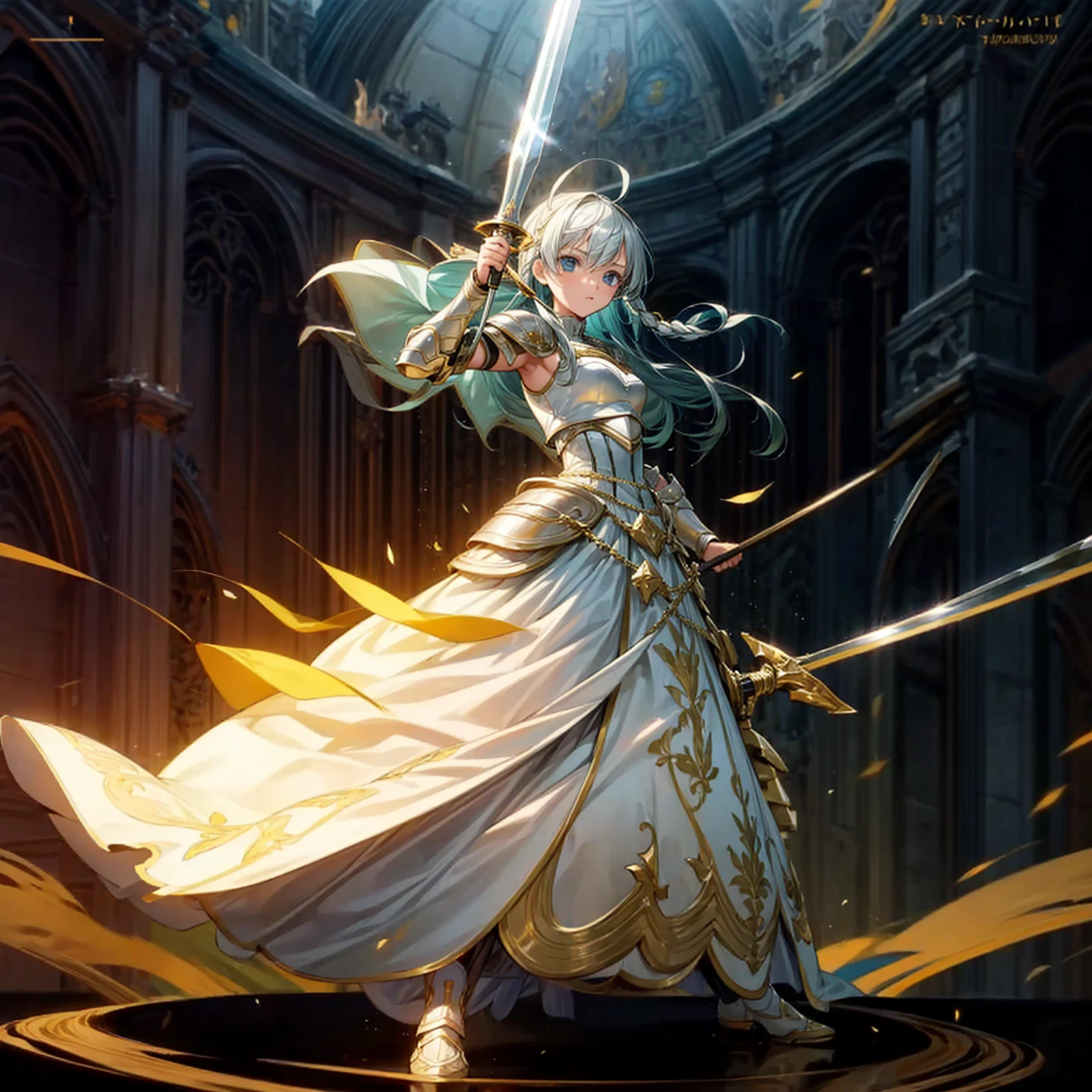 1girl, Full body version, 1character, children version, blue eyes color, long haircut, white and yellow colour hair, formal style clothing, medieval gold armour, one gold sword in hand, Grassroots, background in green field, motion blur, battle gesture, lighting sword, smoke, fire lighting, fire, masterpiece 