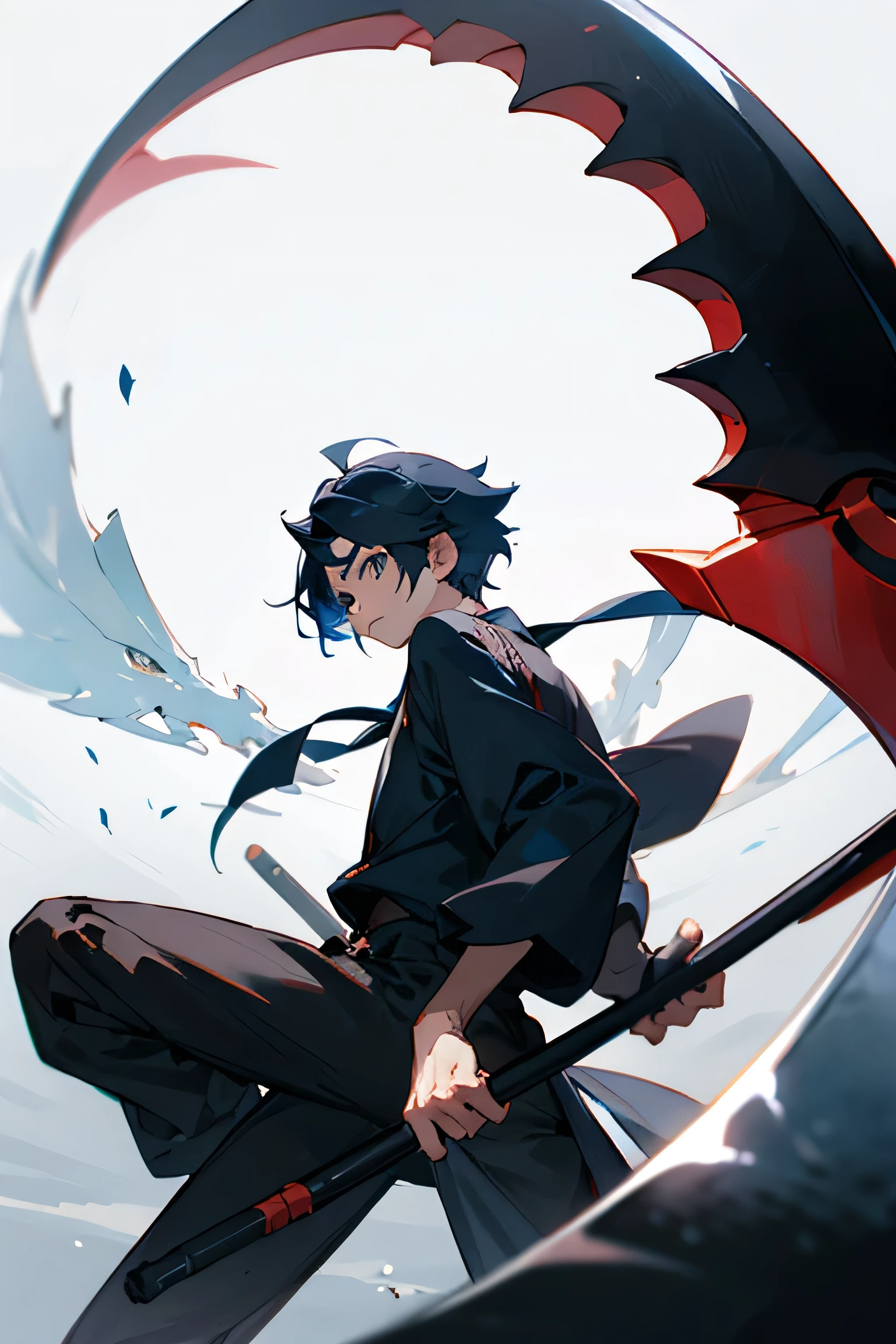 Anime boy wearing lòng sleeves holding a scythe