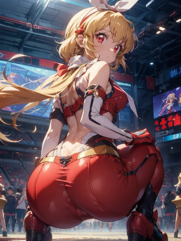 there is a cartoon female in white hot pants with her hip sticking out, (((raise ASS:1.7)),back shot,close up ass,(RED Ribbon on HAIRband:1.2),aikatsu,1 girls,in senki zesshou symphogear style , Blonde long hair,black and RED battle suit,BREAK,ultra-definition, high resolution, ultra-detail CG,caustics, Live stage, in front of super large vision, singing, Battle pose,thgear, 1girl, solo, tachibana hibiki (symphogear), medium breasts, navel, headgear, gloves, gauntlets, body suit, shorts, white scarf,Ichigo Hoshimiya (Aikatsu!),sitting, squating, looking down, look at the  viewer, from below