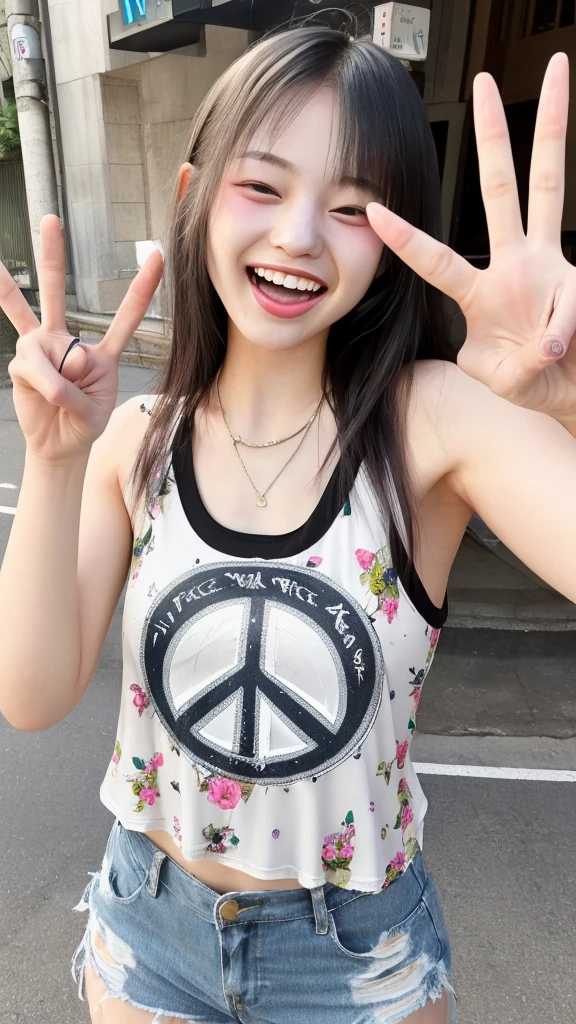 long tongue,Laughing with your mouth wide open and showing your teeth,Natural smile,(((peace sign))),peace sign,peace sign,Japanese girl,20 year old girl,Beauty,Beautiful face,Cute face,Mischievous expression,Tank top,