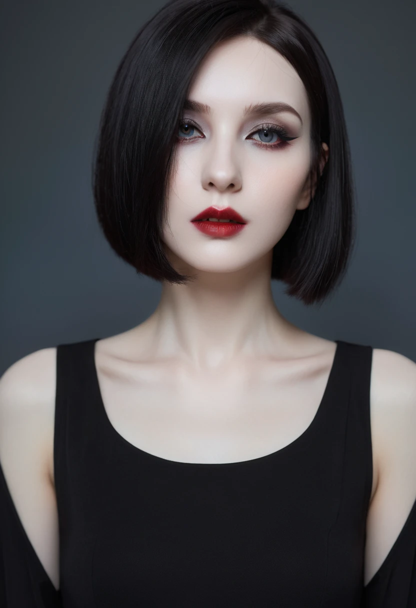(high quality: 1.3), Lenses, masterpiece, (Clear focus: 1.5), (Reality: 1.3), Medium Portrait (A young beautiful vampire woman, Pale skin, Gothic, Still proud and fierce, Black Straight Short Bob Hairstyle, Dark, Wearing a very fine dark tunic, Dark atmosphere, Instead, it uses sharp contrasts of light and dark to create shapes.), It&#39;s night, (Very delicate skin), (Delicate face),  Detailed background, Dim Lights, Dusk lighting, Volumetric Lighting, Intricate details, Ultra HD,