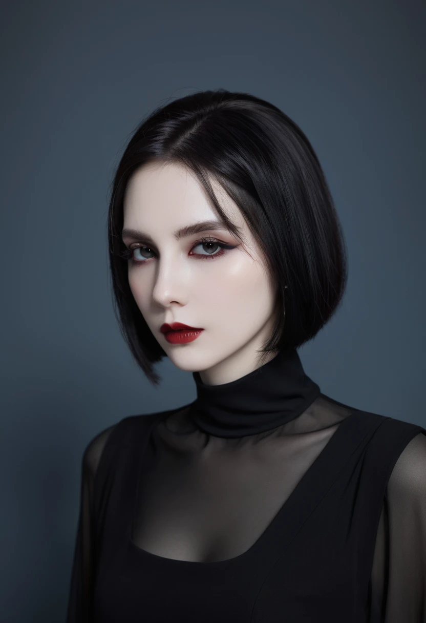 (high quality: 1.3), Lenses, masterpiece, (Clear focus: 1.5), (Reality: 1.3), Medium Portrait (A young beautiful vampire woman, Pale skin, Gothic, Still proud and fierce, Black Straight Short Bob Hairstyle, Dark, Wearing a very fine dark tunic, Dark atmosphere, Instead, it uses sharp contrasts of light and dark to create shapes.), It&#39;s night, (Very delicate skin), (Delicate face),  Detailed background, Dim Lights, Dusk lighting, Volumetric Lighting, Intricate details, Ultra HD,