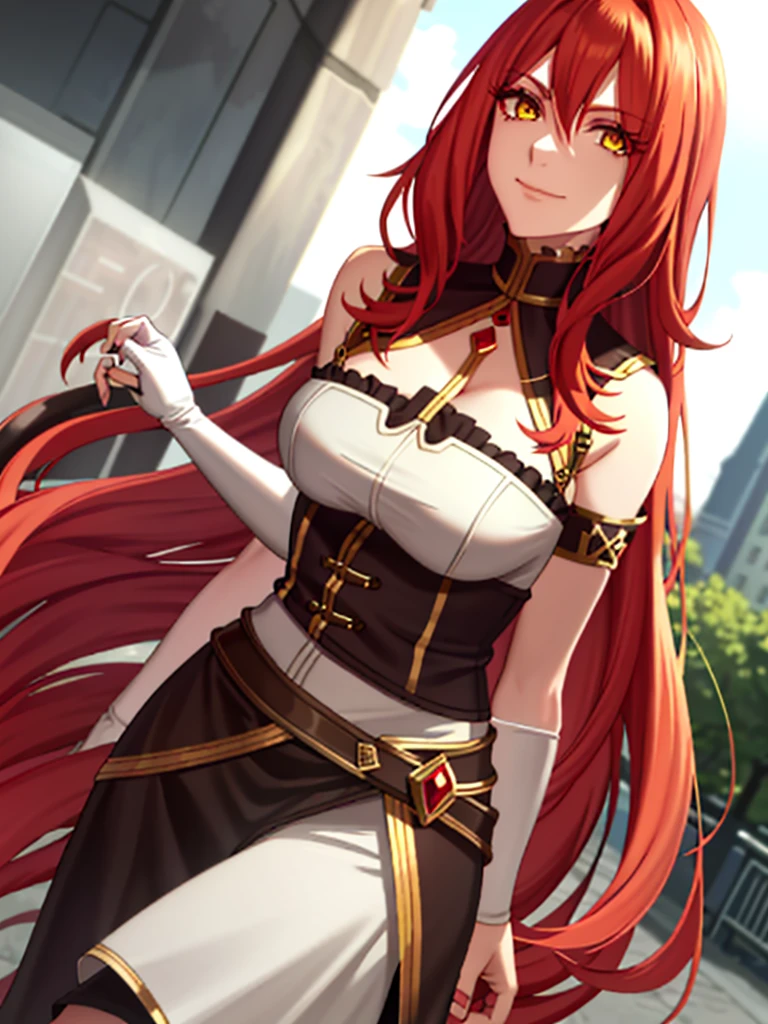 Large breasts, red eyeshadow, Shirt, Yellow eyes, red hair, Smile, Long hair, 1other, Hair between the eyes, looking to viewer, bangs, solo, fur-trim, closed mouth, androgynous, at street, colored eyelashes, Shiny hair, ((Masterpiece))