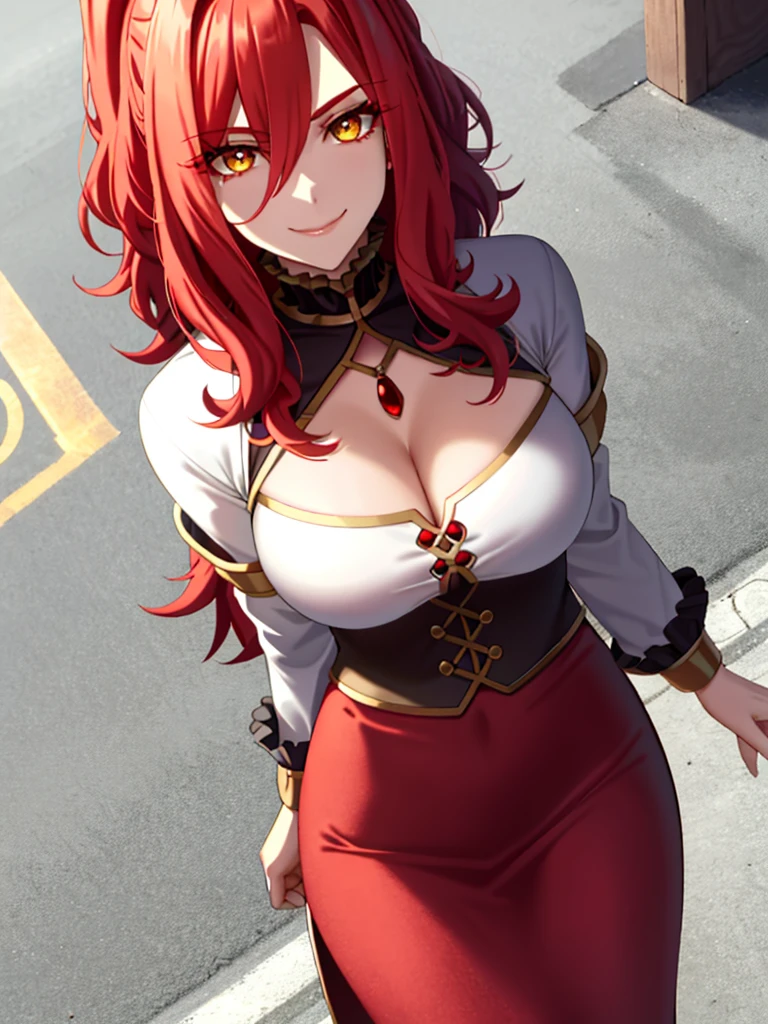 Large breasts, red eyeshadow, Shirt, Yellow eyes, red hair, Smile, Long hair, 1other, Hair between the eyes, looking to viewer, bangs, solo, fur-trim, closed mouth, androgynous, at street, colored eyelashes, Shiny hair, ((Masterpiece))