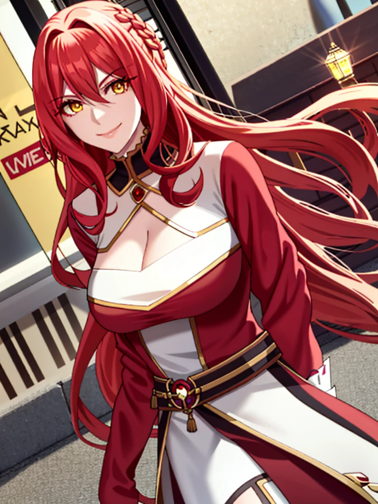 Large breasts, red eyeshadow, Shirt, Yellow eyes, red hair, Smile, Long hair, 1other, Hair between the eyes, looking to viewer, bangs, solo, fur-trim, closed mouth, androgynous, at street, colored eyelashes, Shiny hair, ((Masterpiece))