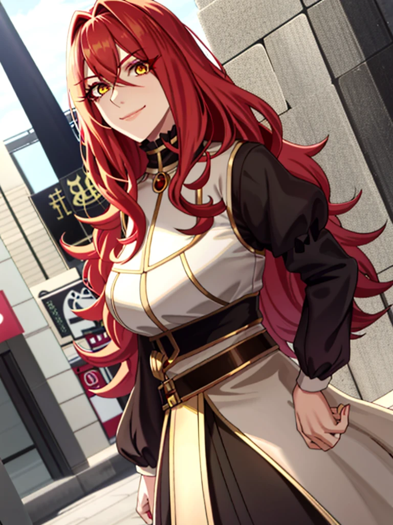 Large breasts, red eyeshadow, Shirt, Yellow eyes, red hair, Smile, Long hair, 1other, Hair between the eyes, looking to viewer, bangs, solo, fur-trim, closed mouth, androgynous, at street, colored eyelashes, Shiny hair, ((Masterpiece))