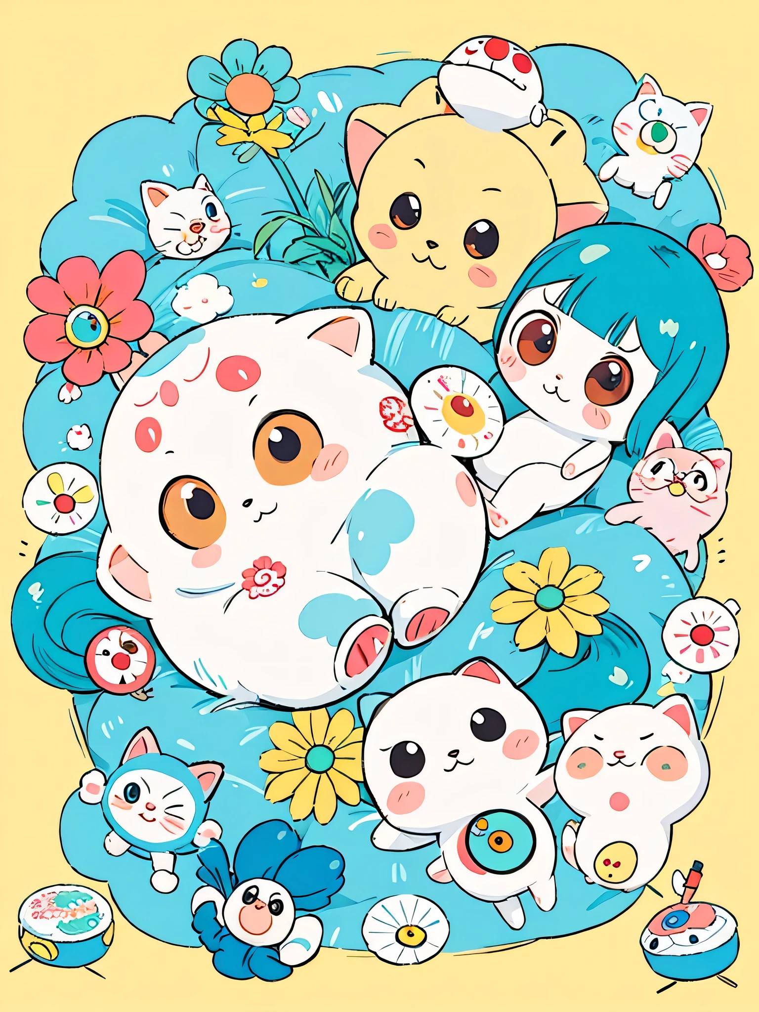 Takashi Murakami style, kawaii design, lovely baby kitten, Beautiful spring noon