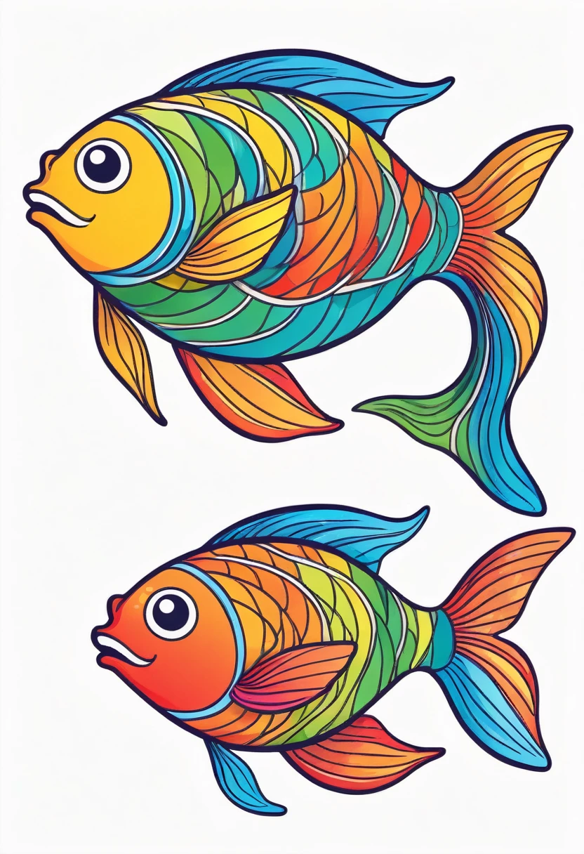 happy multicolored fish, Doodle style, outline, vector, white background