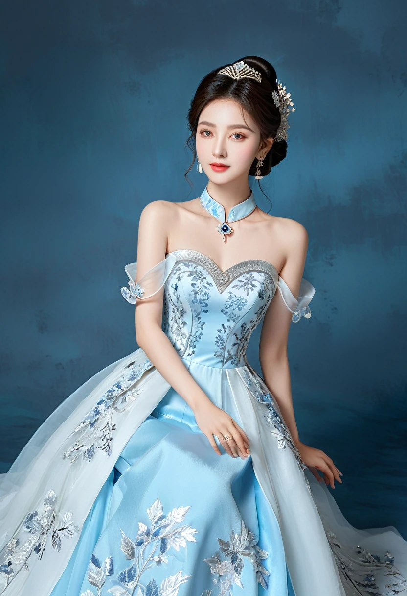 Realistic photo style, whole body 사진에 아름다운 아시아 소녀가 등장합니다., Wearing a unique ethnic style evening gown with delicate skin., bright and lively eyes, Thick eyelashes that look especially attractive. Long dresses are slim and elegant., Eye-catching silver jewelry and alcohol. The high-collar design adds an elegant atmosphere., Color of blue and white porcelain. using light and shadow, The vivid and harmonious appearance of the protagonist is highlighted... whole body, (masterpiece, best quality, professional, perfect composition, very aesthetic, absurd, very detailed, intricate details:1.3)