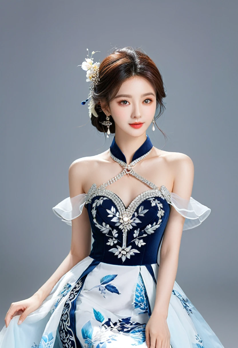 Realistic photo style, whole body 사진에 아름다운 아시아 소녀가 등장합니다., Wearing a unique ethnic style evening gown with delicate skin., bright and lively eyes, Thick eyelashes that look especially attractive. Long dresses are slim and elegant., Eye-catching silver jewelry and alcohol. The high-collar design adds an elegant atmosphere., Color of blue and white porcelain. using light and shadow, The vivid and harmonious appearance of the protagonist is highlighted... whole body, (masterpiece, best quality, professional, perfect composition, very aesthetic, absurd, very detailed, intricate details:1.3)