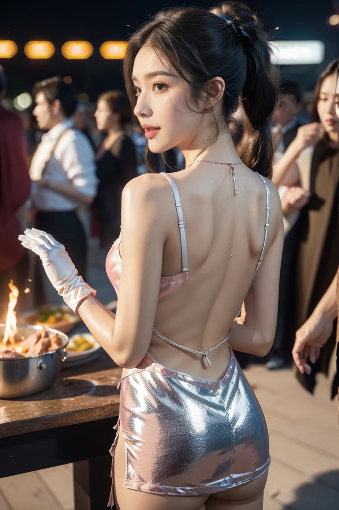 (((best quality))),(((ultra detailed))),(((masterpiece))),illustration,((1 beautiful girl,solo)),((slim,thin)),((bare back,towering hips,butt crack)),summer night,metropolis,barbecue joint,humble,vibrant energy,city that never sleeps,(short ponytail:1.2),(((female orgasmic,blush))),(sweat:1.3),(shiny skin:1.5),(sheer apron:1.3),((bare shoulders,bare arms)),(gloves:1.3),(slender legs:1.2),lightweight,practicality,style,sizzling hot grill,smooth,tanned skin,soft glow,skillfully,skewers,meat,intense concentration,bright eyes,alert,passion for work,atmosphere,vibrant,dynamic,laughter,conversation,sizzle,crackle,aromatic scent,tinged,radiant smile,genuine enjoyment,easy manner,warm presence,community,dedication,beauty in simplicity,midst of bustling city streets,outdoor,midnight,((from back,upper body)),(surrounded by crowded crowds:1.3)