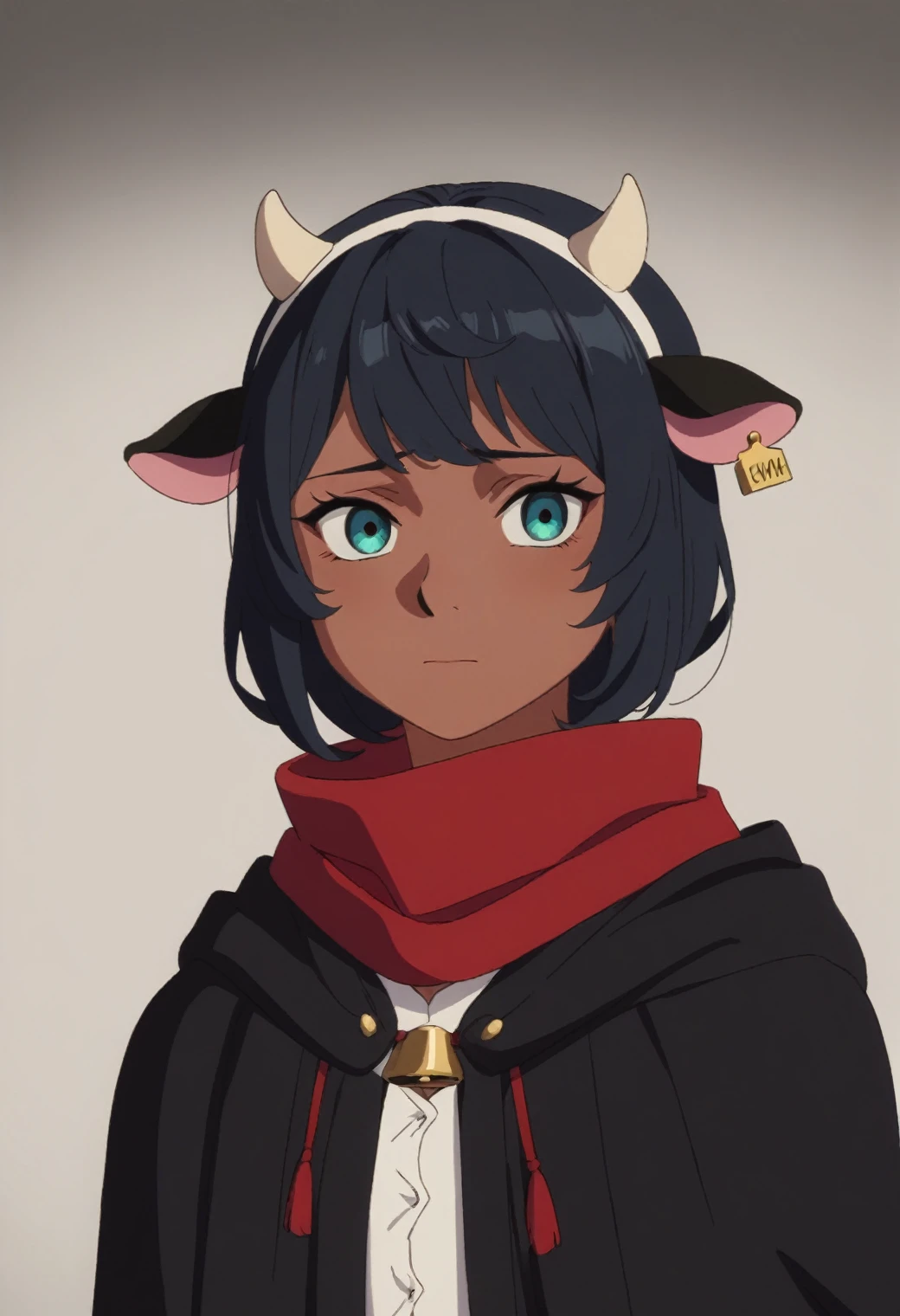 source_anime, score_9, score_8_up, score_7_up, rating_excplicit, 1girl, solo, dark skin, looking at viewer, dark-skinned female, male focus,closed mouth, 1boy,, bangs, cloak, hood, upper body, robe, androgynous, hood down, cow ears, cow girl, shy, large bust