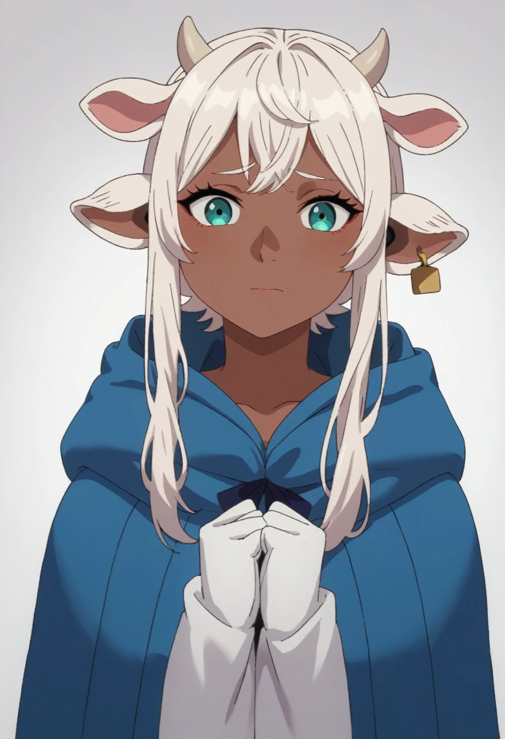 source_anime, score_9, score_8_up, score_7_up, rating_excplicit, 1girl, solo, dark skin, looking at viewer, dark-skinned female, male focus,closed mouth, 1boy,, bangs, cloak, hood, upper body, robe, androgynous, hood down, cow ears, cow girl, shy, large bust