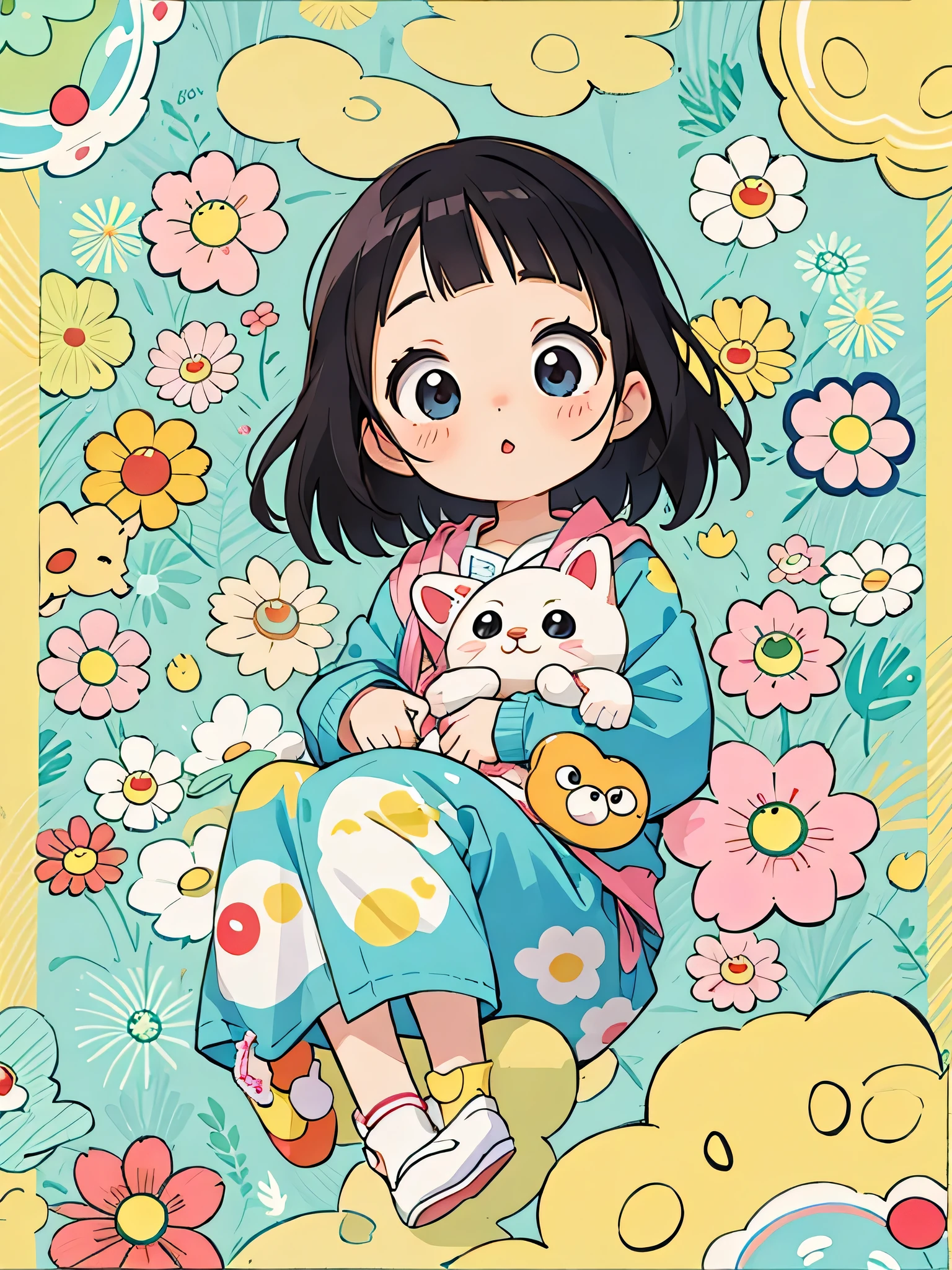 Takashi Murakami style, kawaii design, lovely baby kitten, Beautiful spring noon