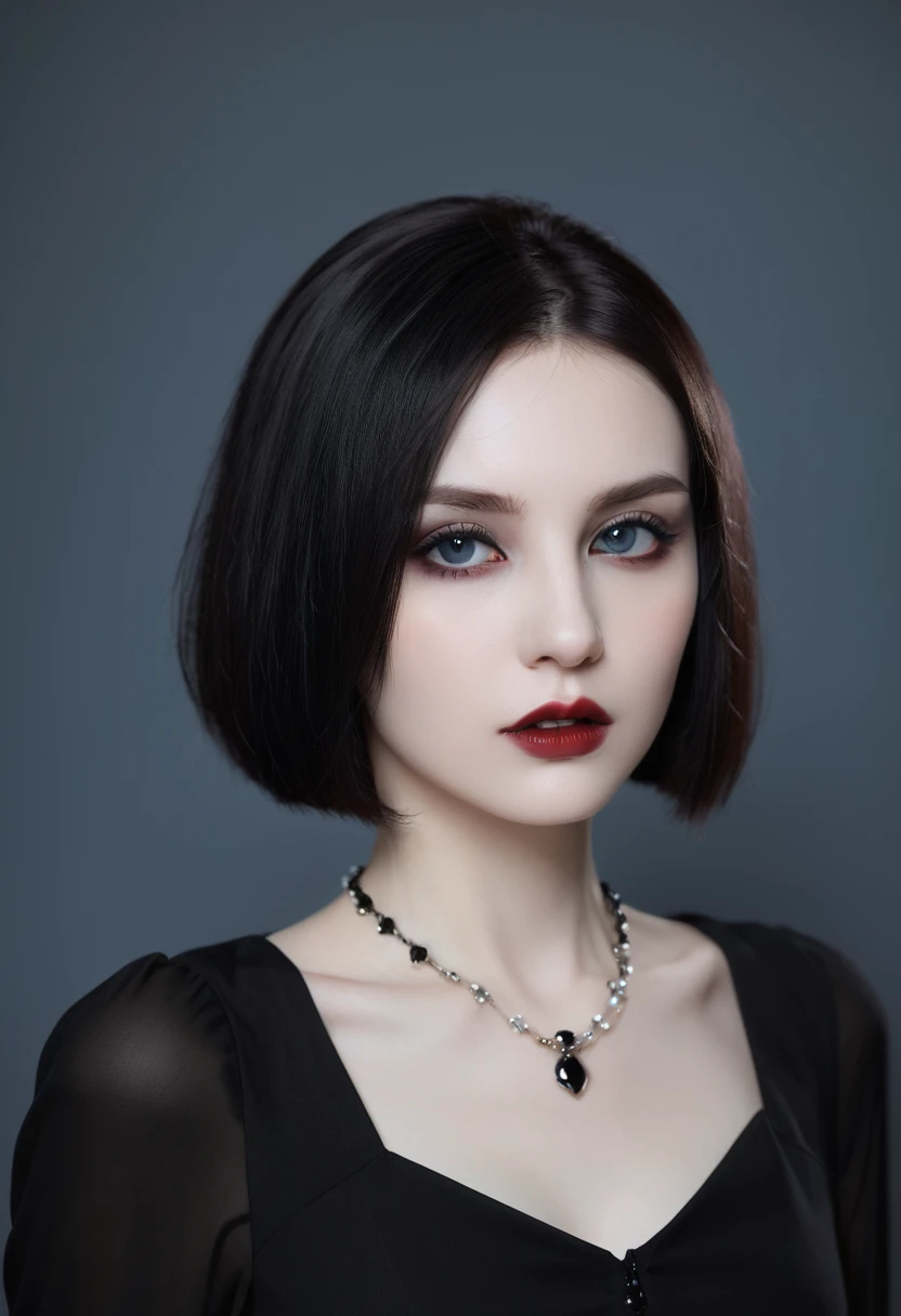 (high quality: 1.3), Lenses, masterpiece, (Clear focus: 1.5), (Reality: 1.3), Medium Portrait (A young beautiful vampire woman, Pale skin, Gothic, Still proud and fierce, Black Straight Short Bob Hairstyle, Dark, Wearing a very fine dark tunic, Dark atmosphere, Instead, it uses sharp contrasts of light and dark to create shapes.), It&#39;s night, (Very delicate skin), (Delicate face),  Detailed background, Dim Lights, Dusk lighting, Volumetric Lighting, Intricate details, Ultra HD,