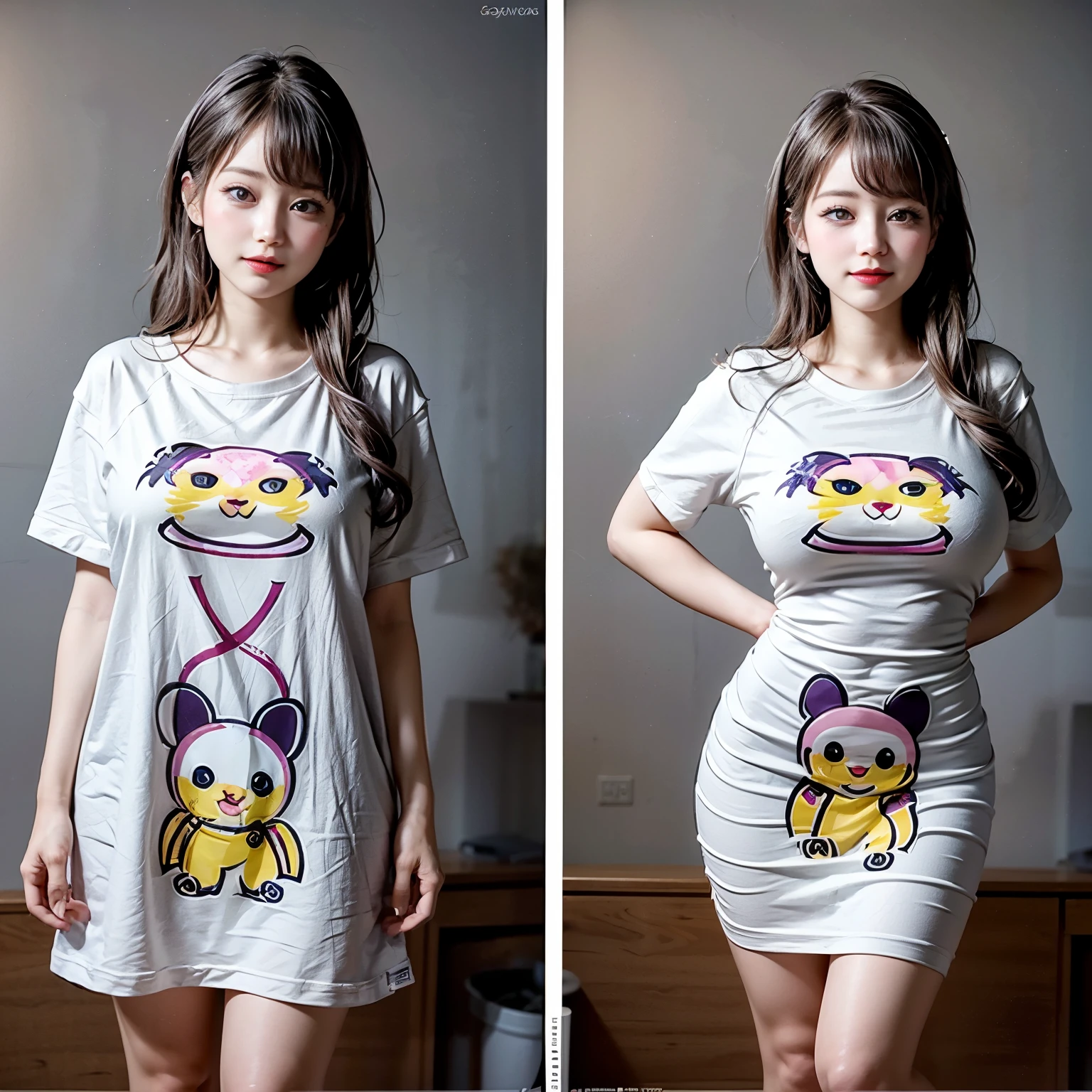 White and Bright Red, (Masterpiece 8K TopQuality:1.2) (ProfessionalPhoto:1.37) ExtremelyDetailed (((FullBody, KAWAII girl with HUGE boobs:1.37)) in (WHITE cotton T-shirt dress:1.28) with (Life-Size her face printed on it:1.37)) detailed (Delicate cotton textures) PerfectLighting (((Studio Dark GRAY Background)) with (Overflowing Oodles  Dazzling RainbowColor Particles:1.34))  BREAK  (((NOGIZAKA FaceVariations))), Extremely Detailed (very KAWAII Face), Childish CaptivatingGaze Stunning ParfectEyes ElaboratePupils with (SparklingHighlights:1.28), DoubleEyelids with (Detailed Voluminous LongEyelashes:0.88), Small GlossyRedLips with BeautifulDetails, CoquettishTongue, PUNIPUNI RosyCheeks, Radiant PearlSkin with Transparency, Glowing DowneyHair . { (Dynamic Joyful expressions LifeLike Rendering:1.4) | (:d) }, (large eyes:-1) . 
